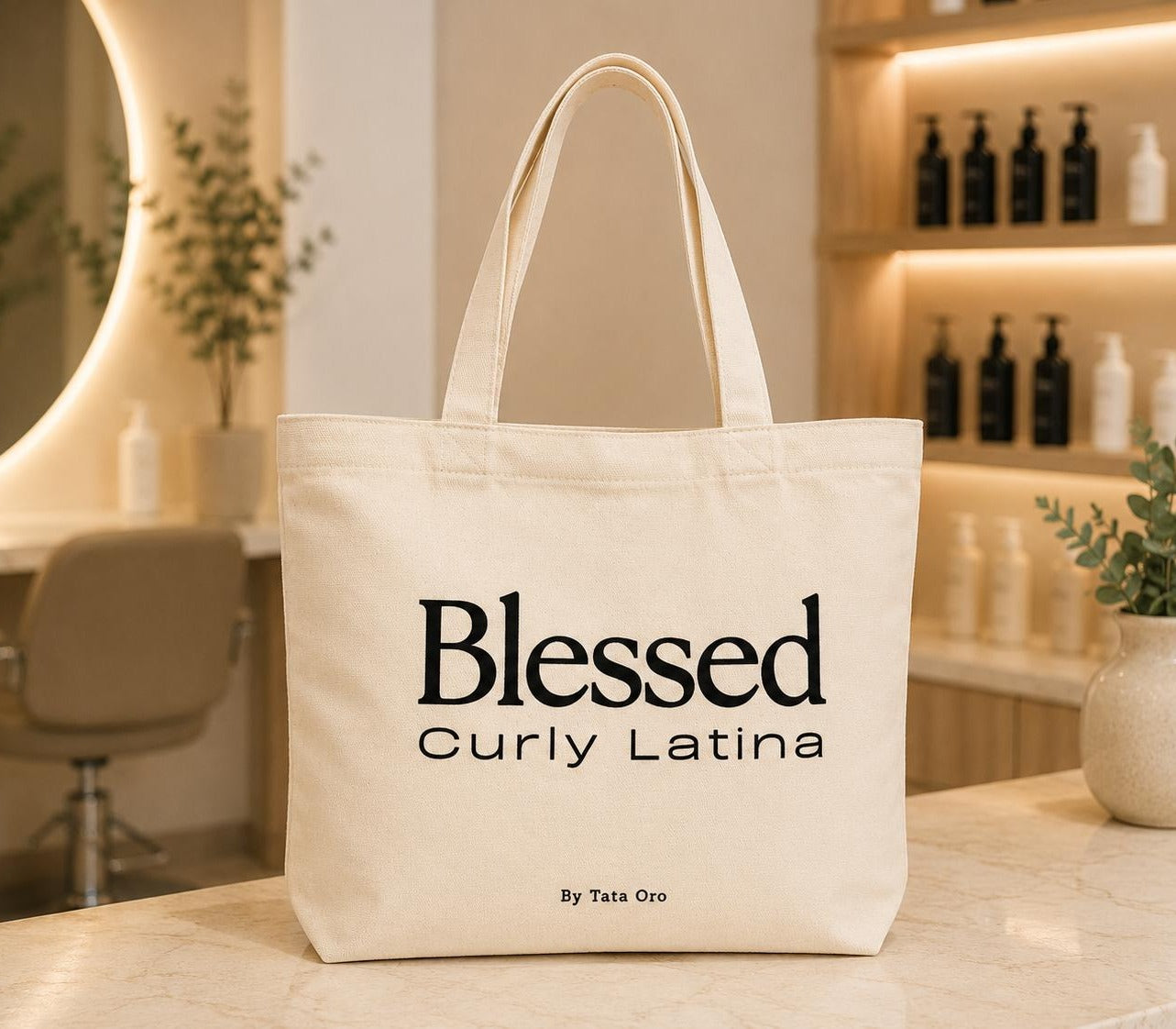 Natural canvas tote bag with Blessed Curly Latina in black serif, by Tata Oro