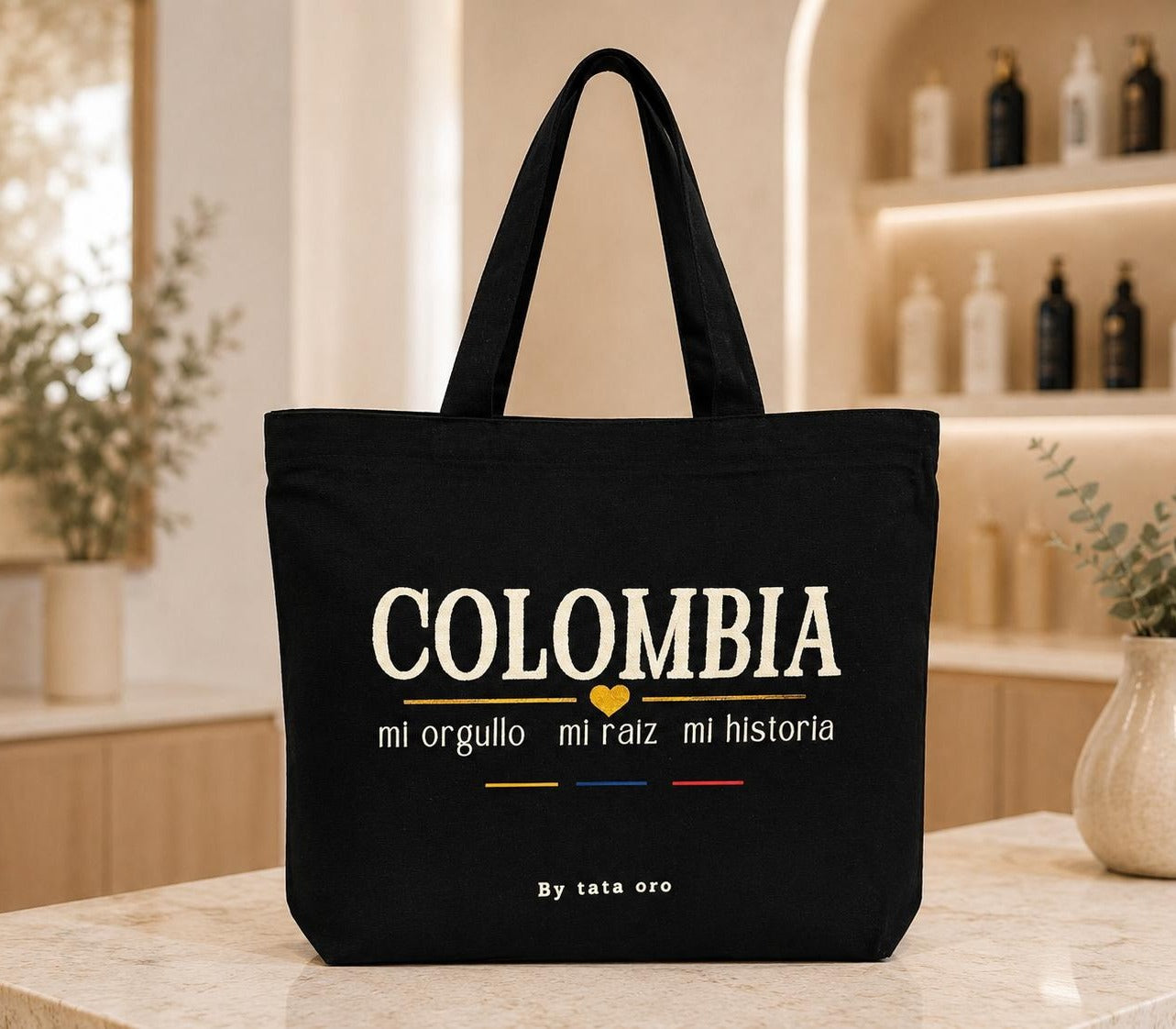 Black canvas tote bag with Colombia — mi orgullo, mi raíz, mi historia and flag accent lines, by Tata Oro
