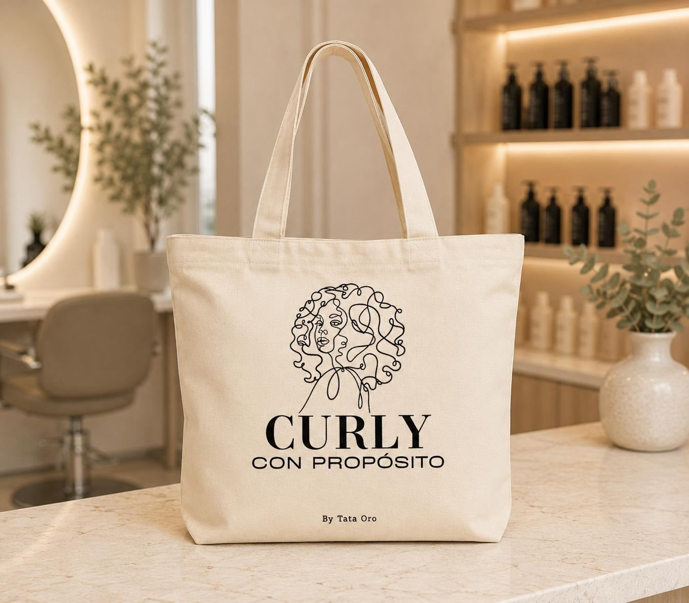 Natural canvas tote bag with line-art curly woman and Curly Con Propósito, by Tata Oro