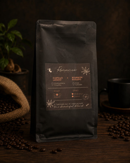 Romance by Tata Oro — back label: Castillo Lavado (Cundinamarca) + Bourbon Rosado (Huila), medium roast