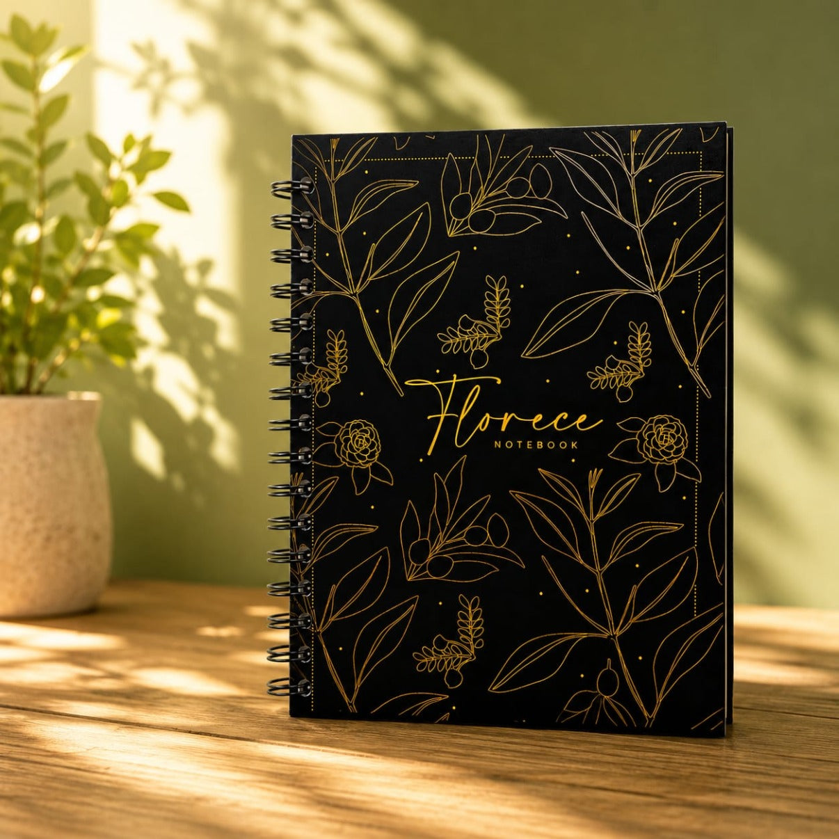 Florece Notebook — portada negra con flores doradas