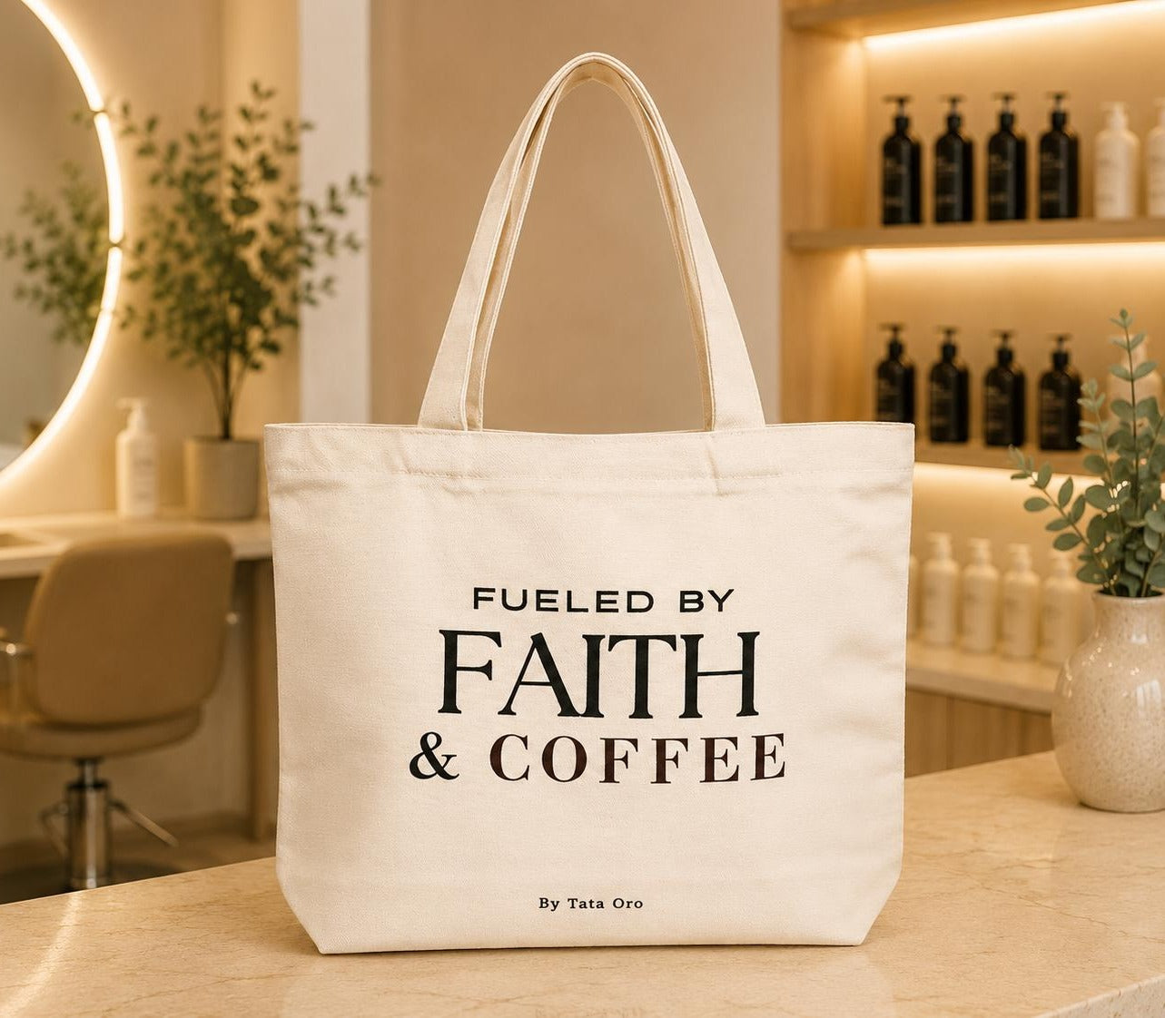 Natural canvas tote bag with Fueled by Faith & Coffee serif design, by Tata Oro
