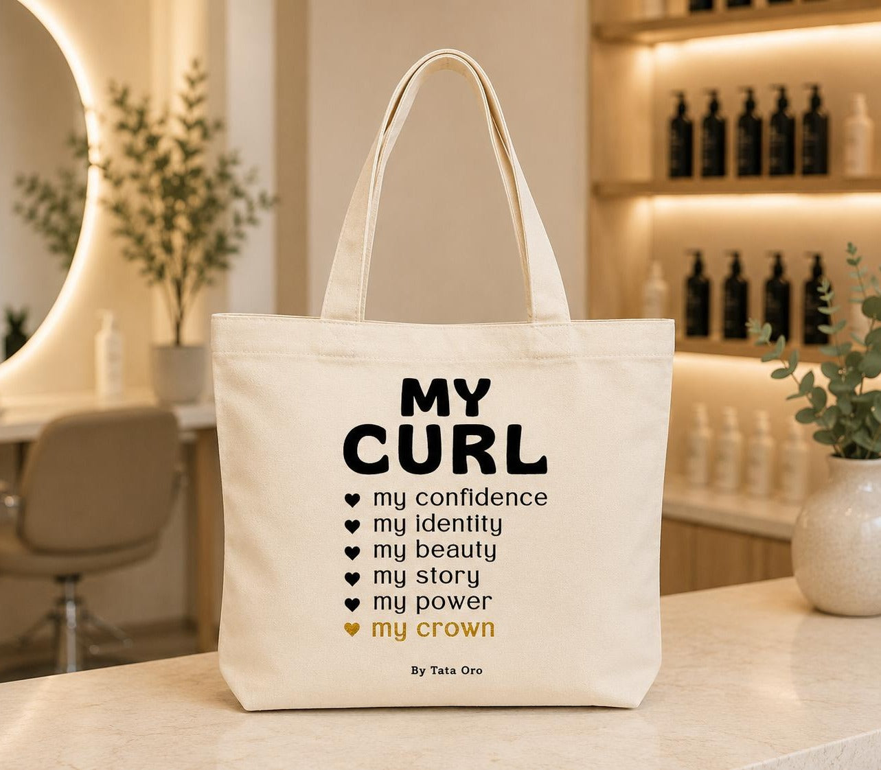 Natural canvas tote bag listing My Curl: my confidence, identity, beauty, story, power, crown with hearts, by Tata Oro