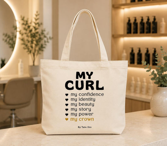 Natural canvas tote bag listing My Curl: my confidence, identity, beauty, story, power, crown with hearts, by Tata Oro