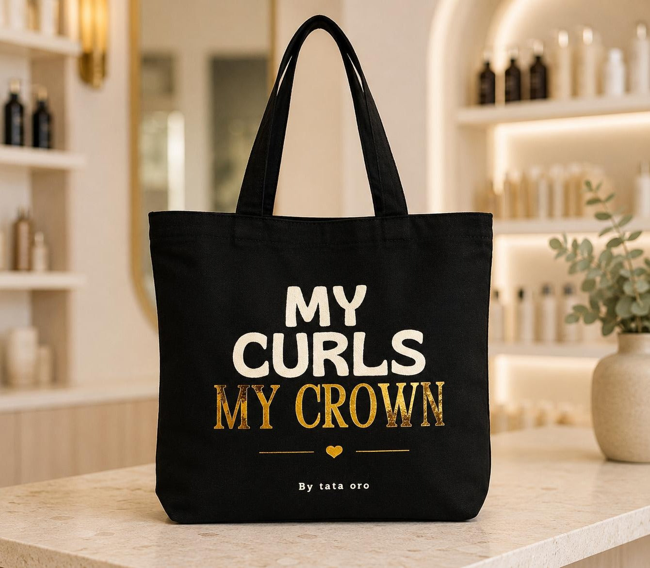 Black canvas tote bag with My Curls My Crown in cream and gold foil, by Tata Oro
